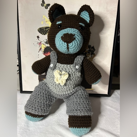Other - Crochet Teddy Bear with Grey overalls - Handmade